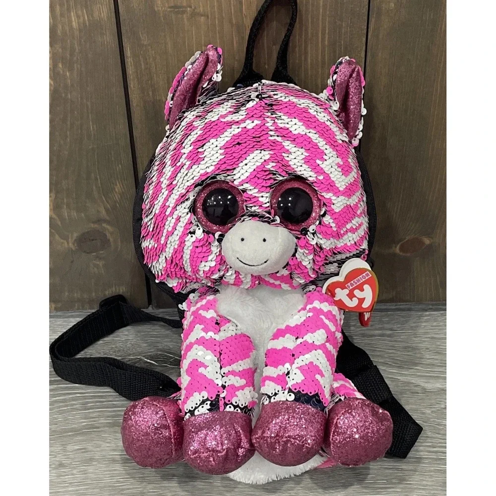 Beanie Boos Sequin Backpack FLIPPABLES - Zoey The Pink Zebra‎ The Ty Fashion New